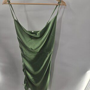 Olive Green Satin Cami Cowl Ruched Midi Dress Size Small
